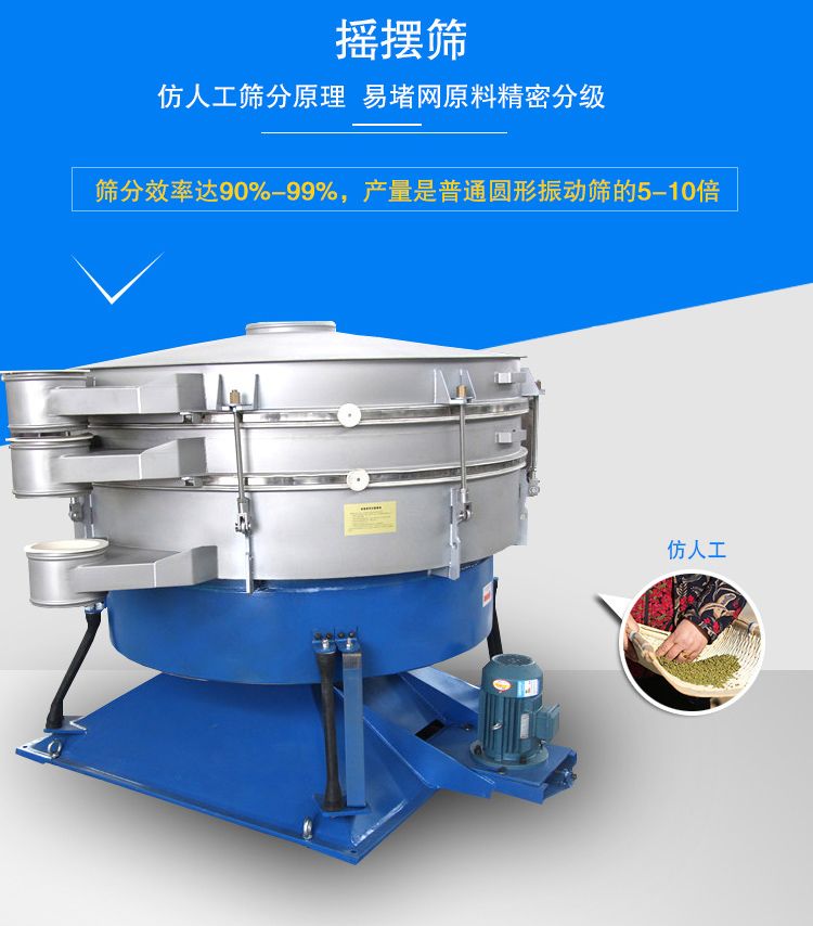 搖擺篩適合精細(xì)和超細(xì)范圍的粉末和微粒狀物料，產(chǎn)量大、精度高